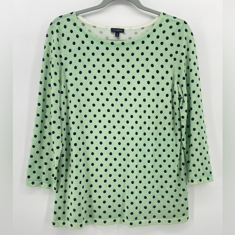 Talbots Womens Sweater Mint Green Polka Dot 3/4 Sleeve Round Neck‎ Pullover Sz M